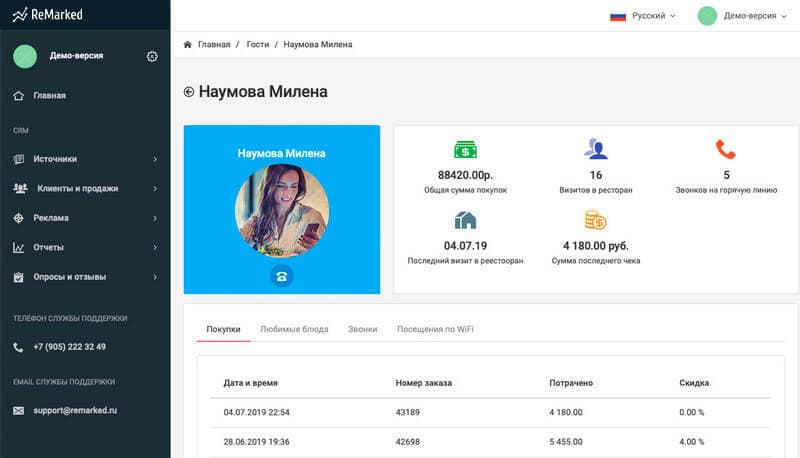 Анкета гостя с историей покупок